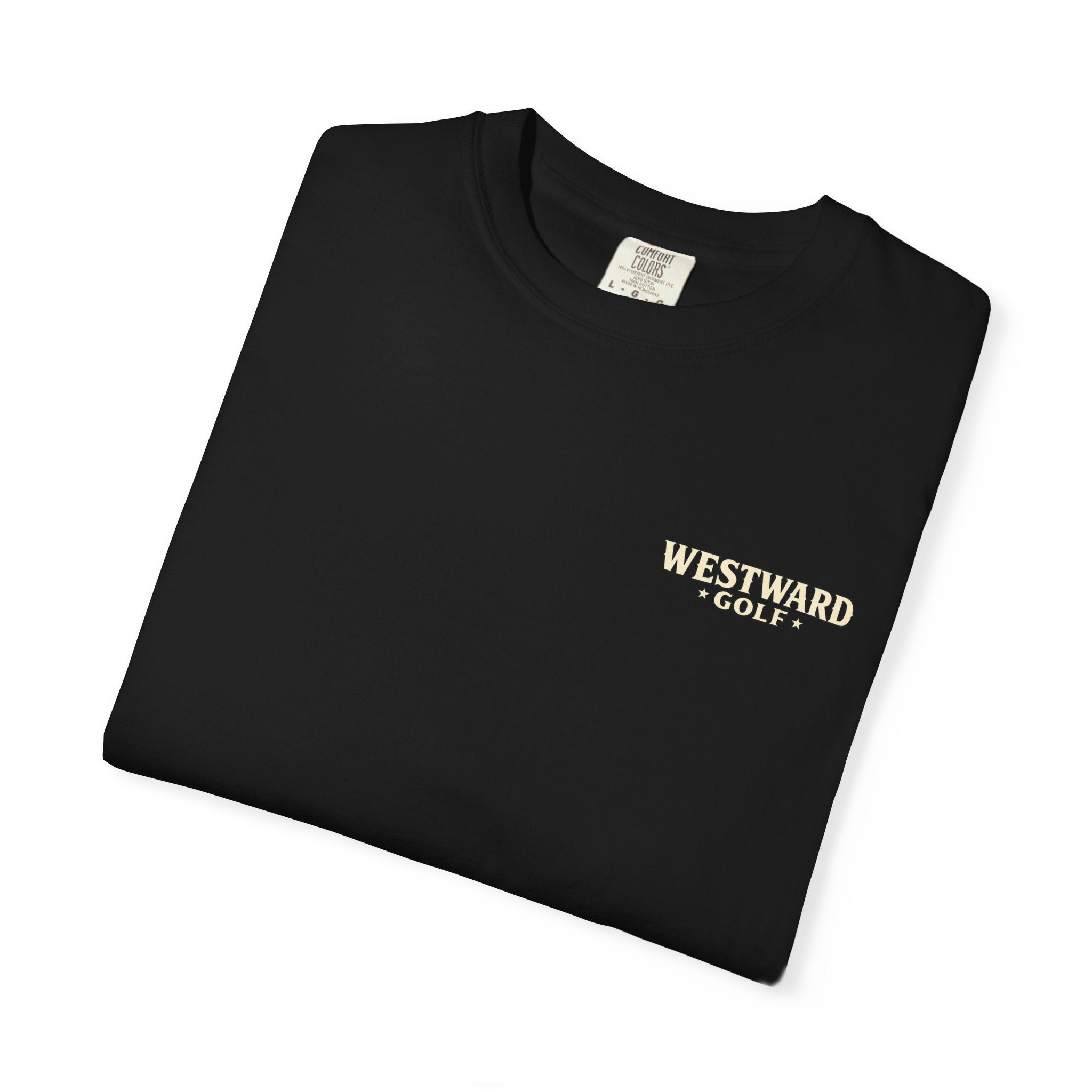 Folded black Westward Golf t-shirt with small cream front chest logo on clean white studio background