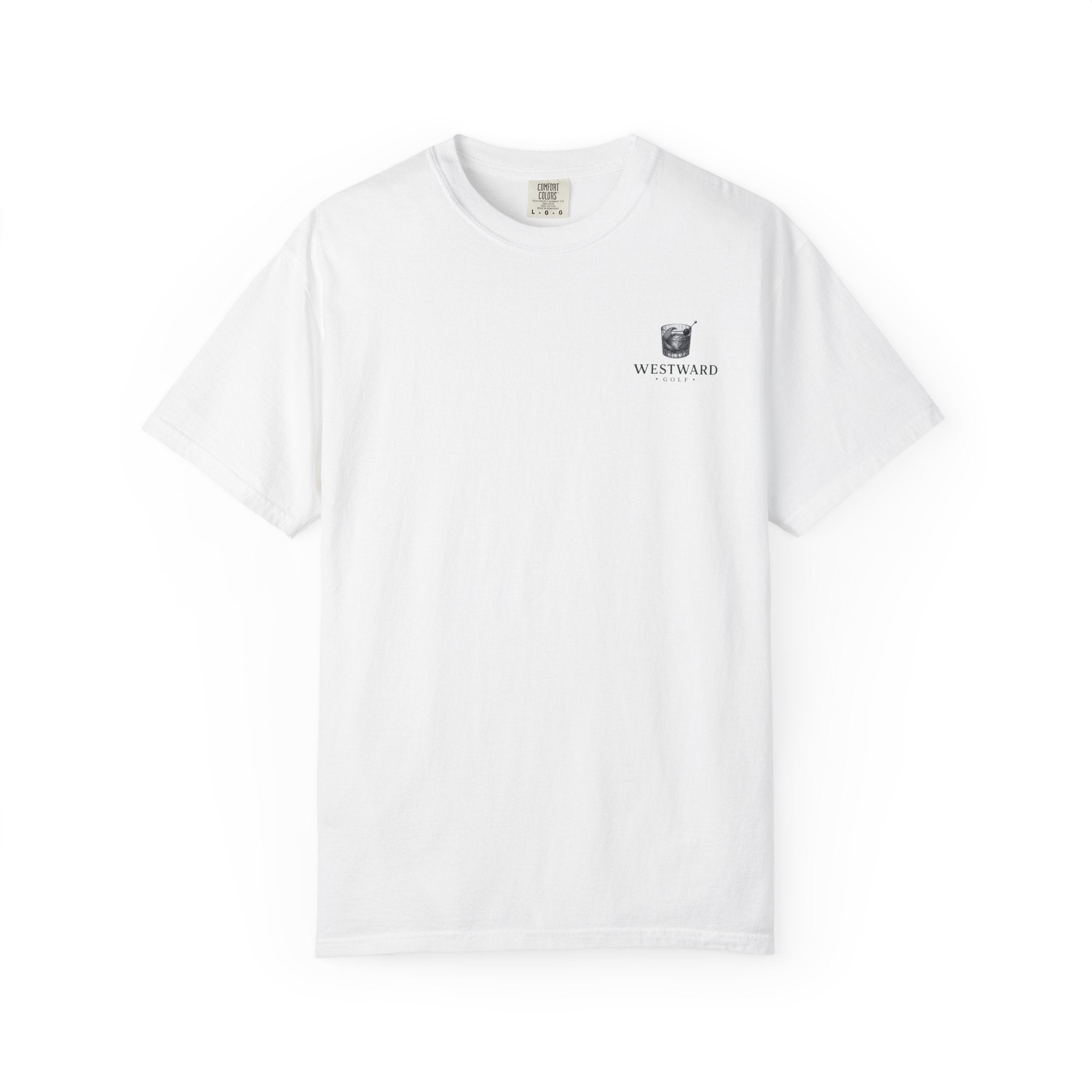White Westward Golf t-shirt shown front-facing on a clean white background, featuring a small left chest logo with an old fashioned cocktail glass graphic above vintage Westward Golf text.