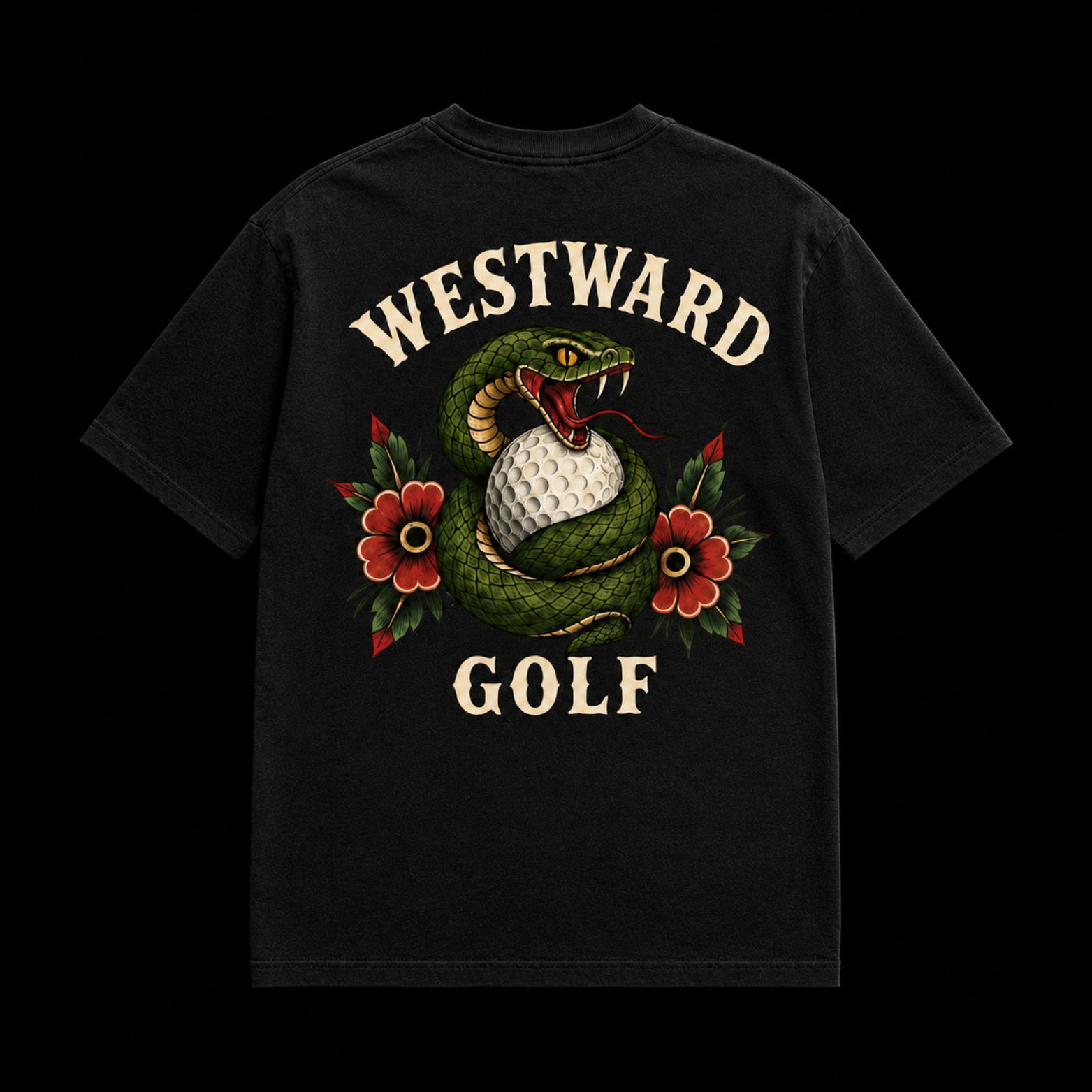 Black Westward Golf snake graphic t-shirt with coiled green snake wrapped around golf ball, red floral artwork, and bold cream WESTWARD GOLF back print