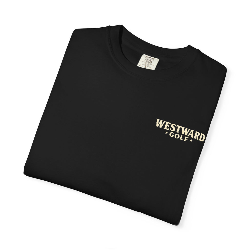 Folded black Westward Golf t-shirt with cream western chest logo, vintage inspired men’s golf apparel, casual cotton golf lifestyle tee.