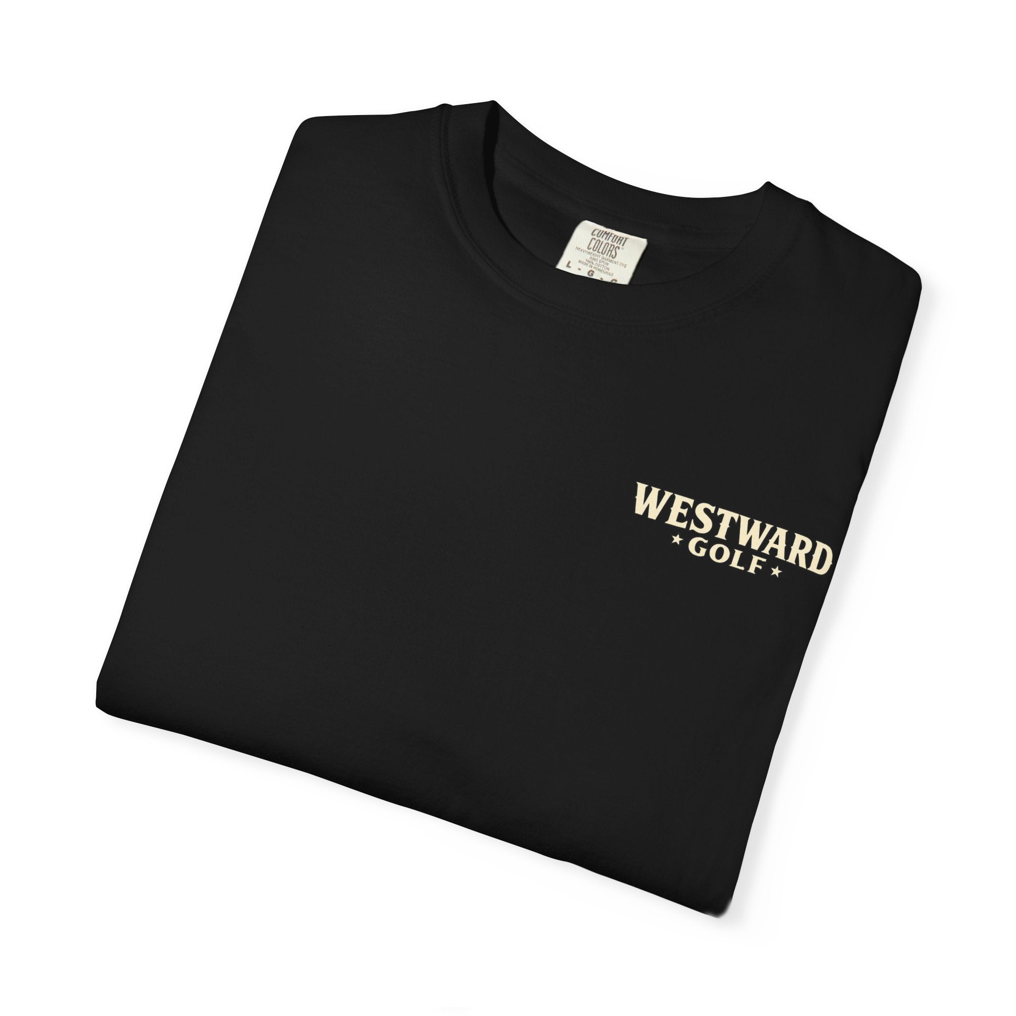 Folded black Westward Golf t-shirt with cream western chest logo, vintage inspired men’s golf apparel, casual cotton golf lifestyle tee.