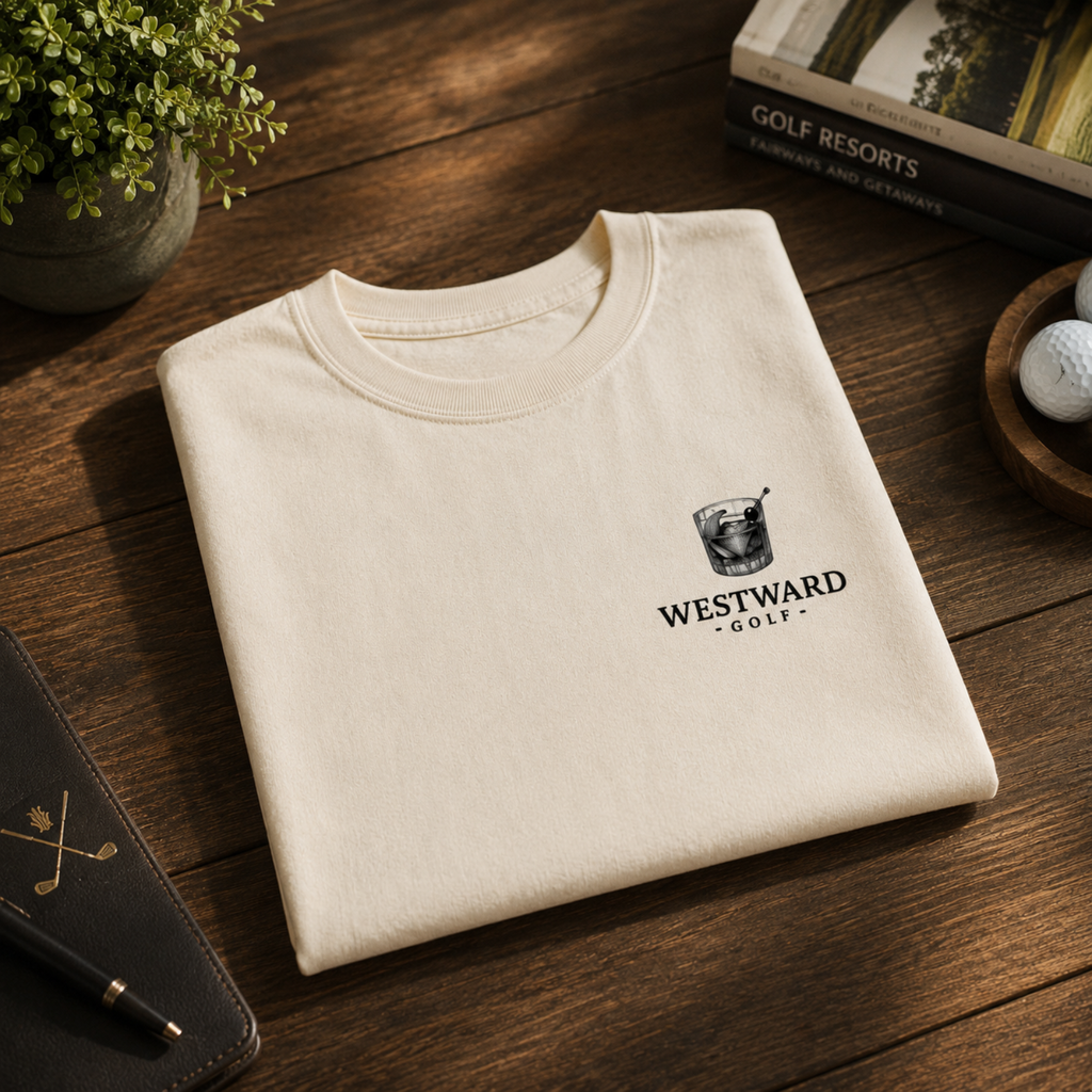Folded ivory Westward Golf t-shirt displayed on a dark wood flat lay, featuring a small front chest old fashioned cocktail glass logo with Westward Golf text, styled with golf books, golf balls, greenery, and a leather golf accessory.
