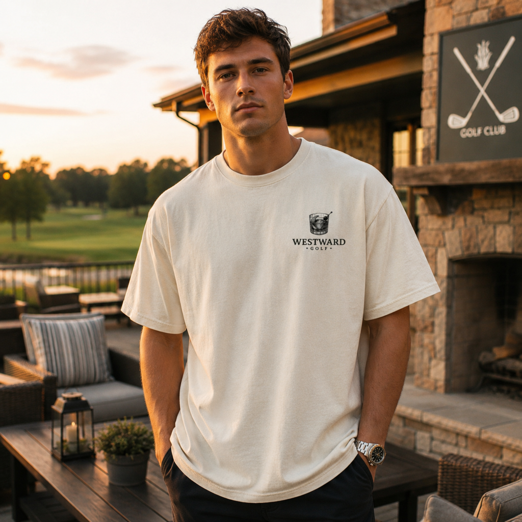 Male model wearing an ivory Westward Golf t-shirt with a small old fashioned cocktail glass chest logo, standing on an upscale golf club patio at golden hour with a golf course and stone clubhouse in the background