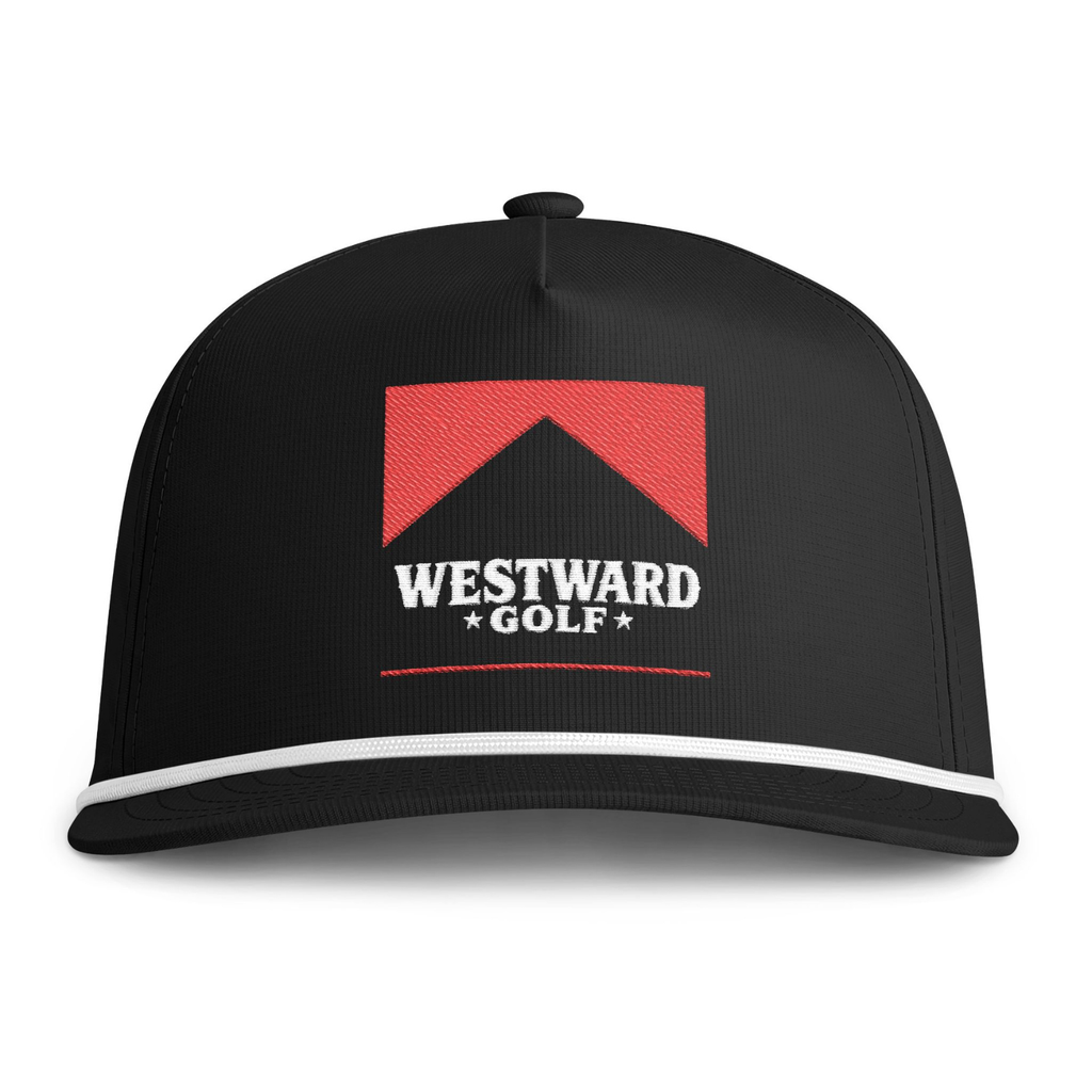 Westward Golf black rope snapback hat, red embroidered golf logo, men’s flat bill golf cap, western golf apparel, black structured snapback, premium golf lifestyle headwear.
