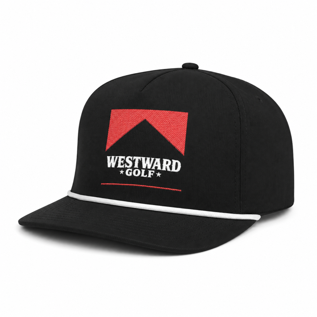 Westward Golf black rope snapback hat, red embroidered golf logo, white rope golf cap, men’s flat bill snapback, western golf apparel accessory, premium black golf lifestyle headwear.

