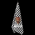 Black and white checkered Westward Golf towel with vintage roaring tiger logo, premium golf bag towel with brass grommet and hanging clip, bold checkerboard golf accessory for cleaning clubs, golf balls, and hands on the course.