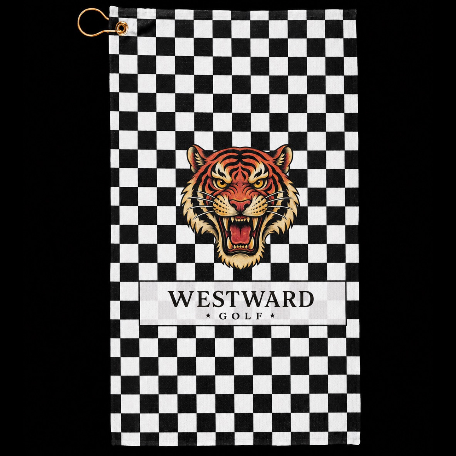 Black and white checkered Westward Golf towel featuring a bold vintage roaring tiger logo, premium checkerboard golf towel with gold hanging ring and brass grommet, stylish golf bag accessory for cleaning golf clubs, golf balls, hands, grips, and gear on the course.