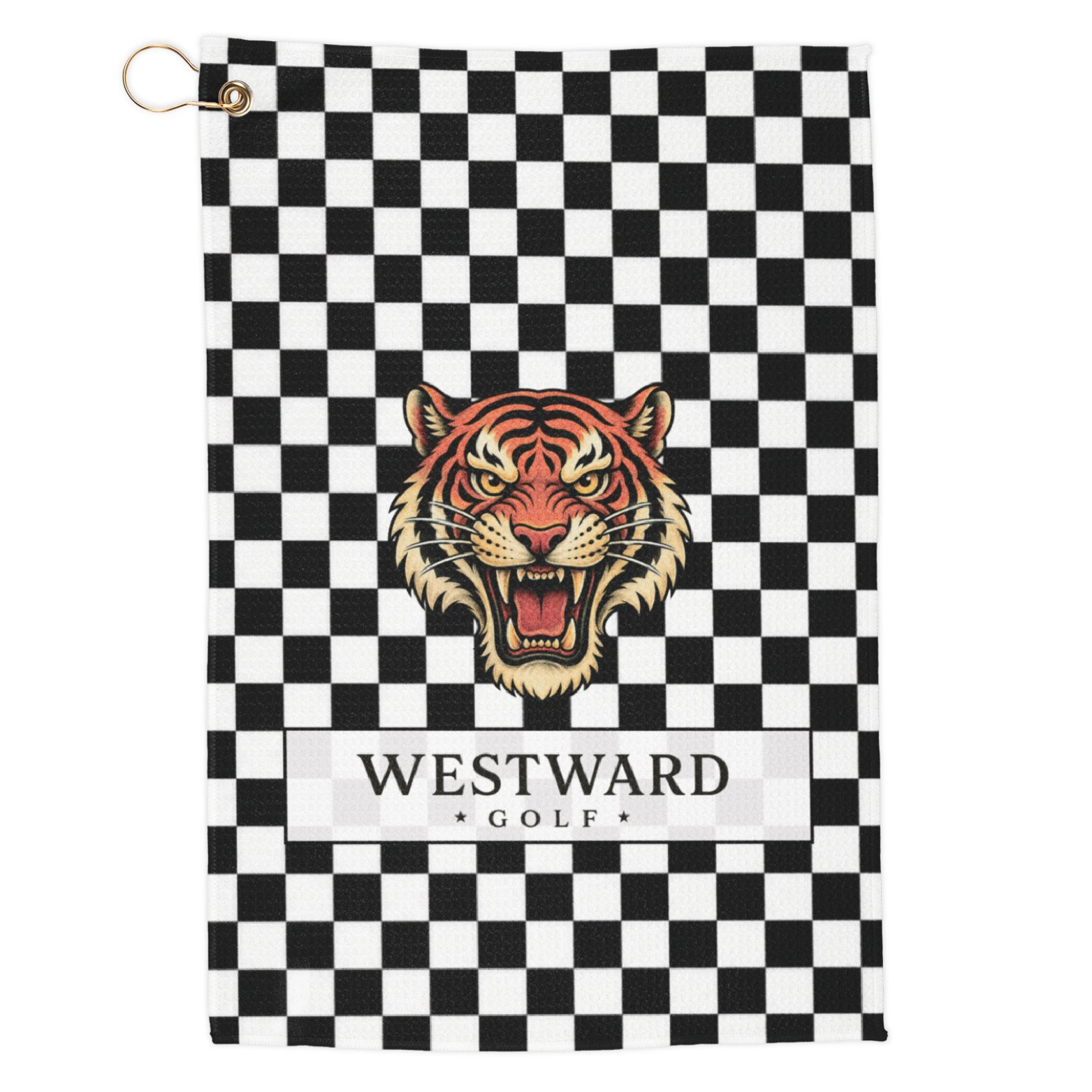 Black and white checkered Westward Golf towel with roaring vintage tiger logo, premium golf club towel with brass grommet and gold hanging ring, bold checkerboard golf towel accessory for cleaning clubs, golf balls, hands, and golf gear on the course.
