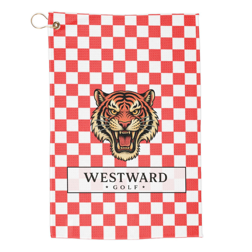 Red and white checkered Westward Golf towel with vintage roaring tiger logo, premium checkerboard golf towel on white background with brass grommet and gold hanging ring, bold golf bag accessory for cleaning golf clubs, golf balls, grips, hands, and gear on the course.