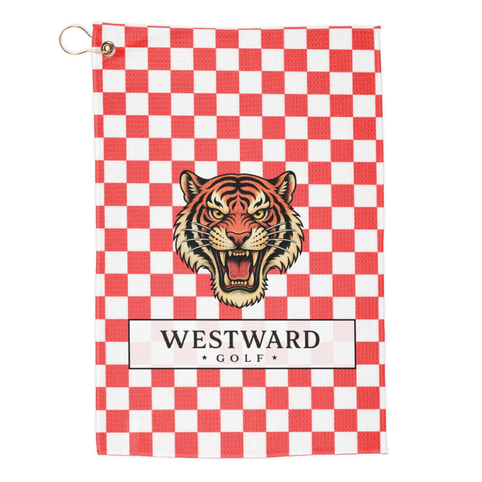 Red and white checkered Westward Golf towel with vintage roaring tiger logo, premium checkerboard golf towel on white background with brass grommet and gold hanging ring, bold golf bag accessory for cleaning golf clubs, golf balls, grips, hands, and gear on the course.