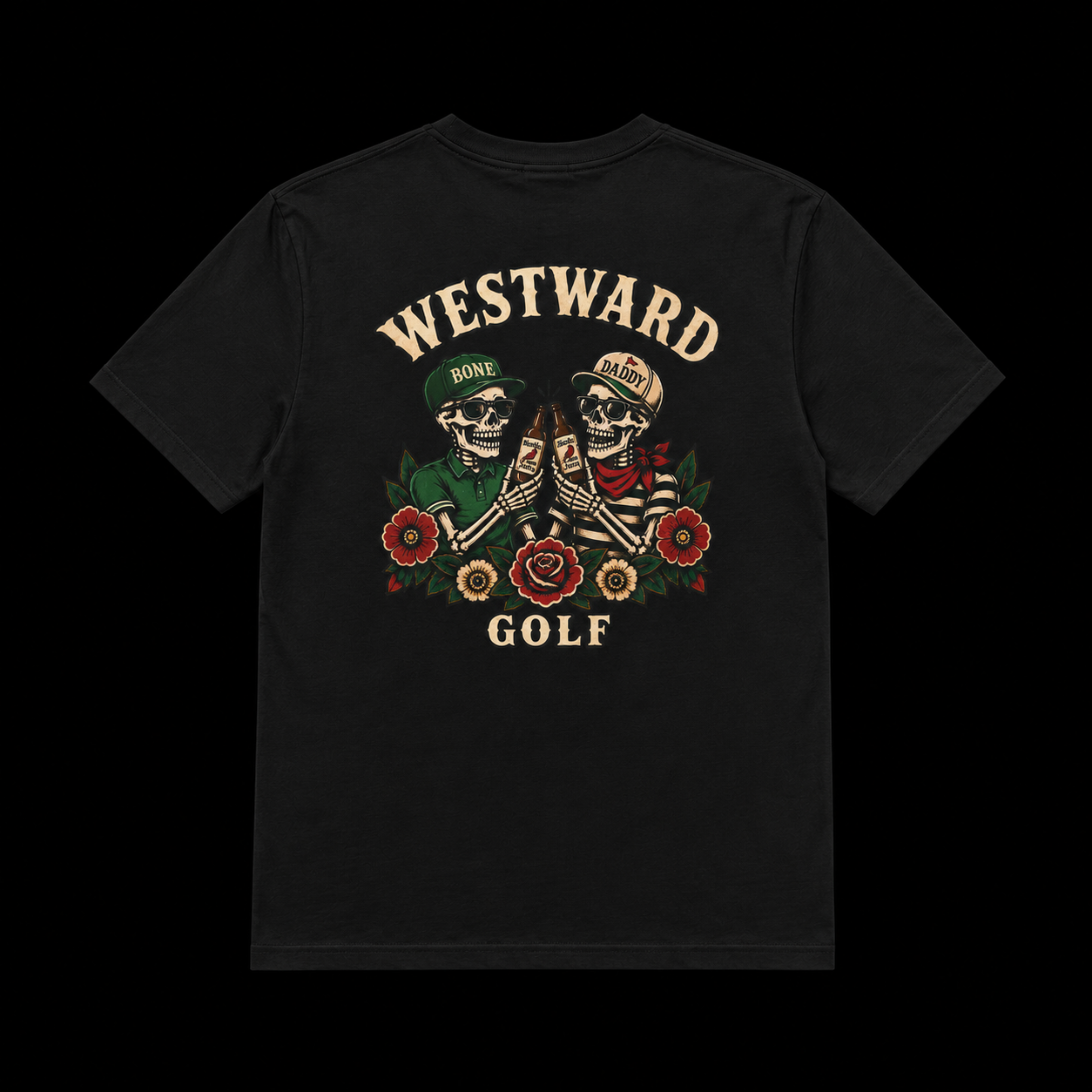 Black Westward Golf graphic t-shirt with vintage skeleton golfers clinking beer bottles, floral tattoo artwork, and bold cream WESTWARD GOLF back print