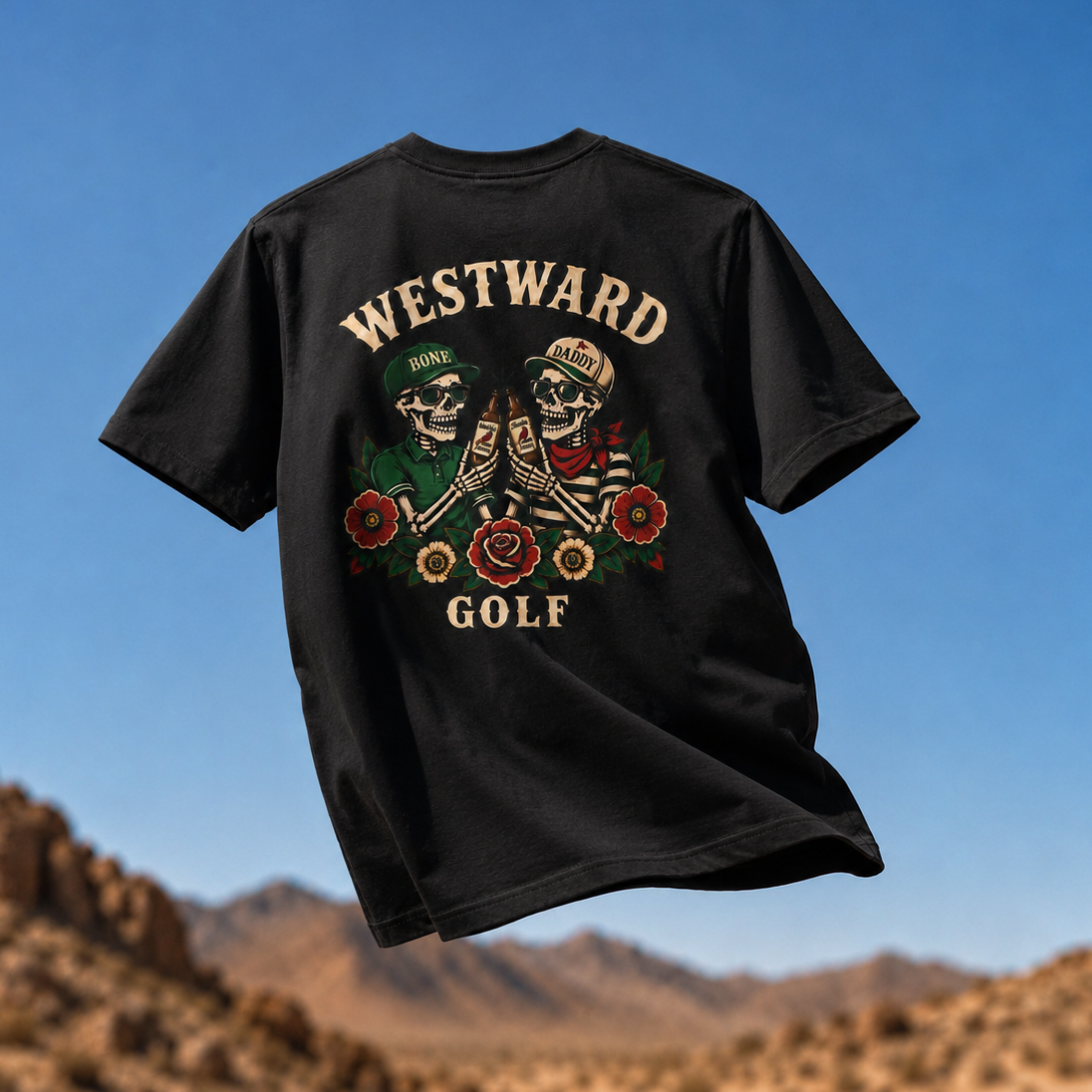 Black Westward Golf graphic tee with vintage skeleton golfers clinking beer bottles, floral tattoo artwork, and bold WESTWARD GOLF back print