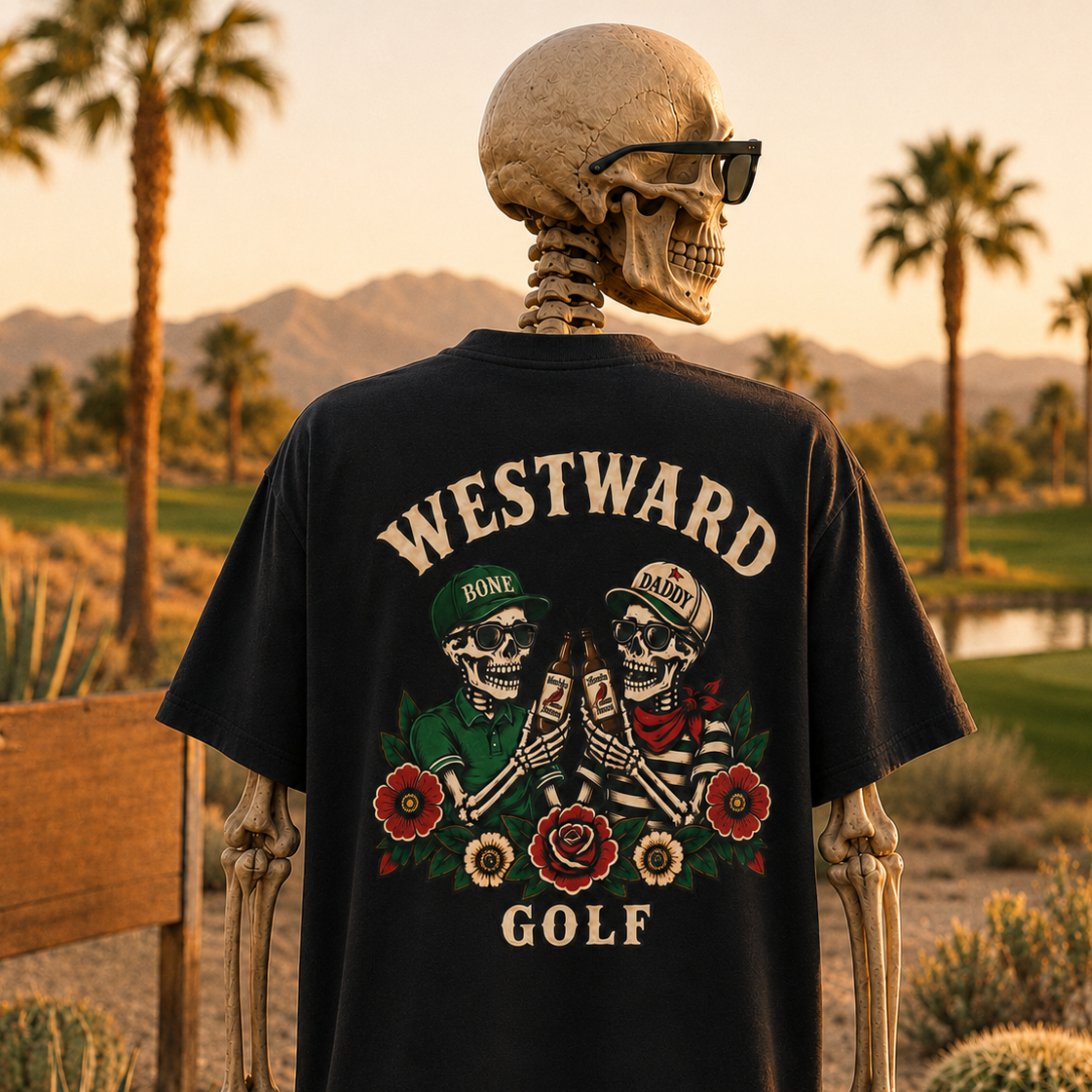 Skeleton model wearing black Westward Golf graphic t-shirt with vintage skeleton golfers clinking beer bottles, floral tattoo artwork, and bold WESTWARD GOLF back print on a sunset golf course
