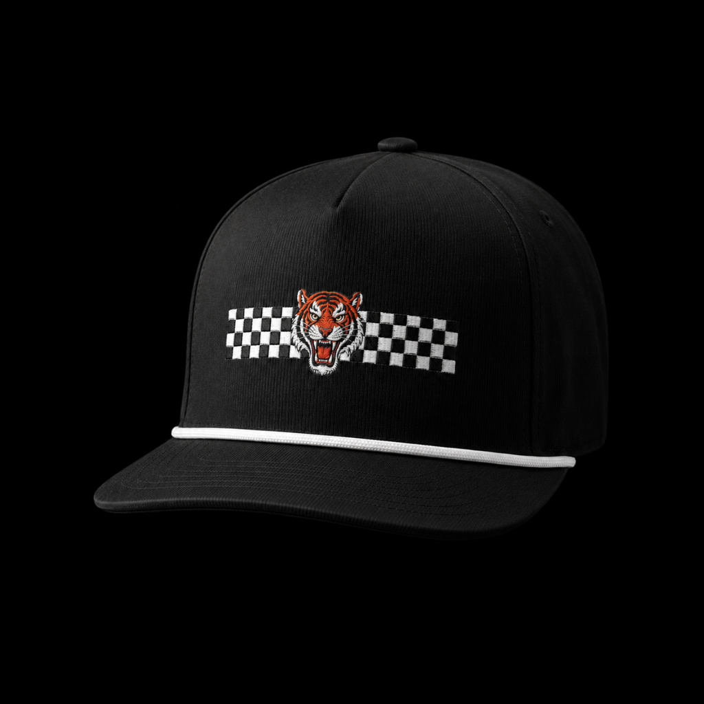 Black cap with a tiger logo and checkered flag on a black background