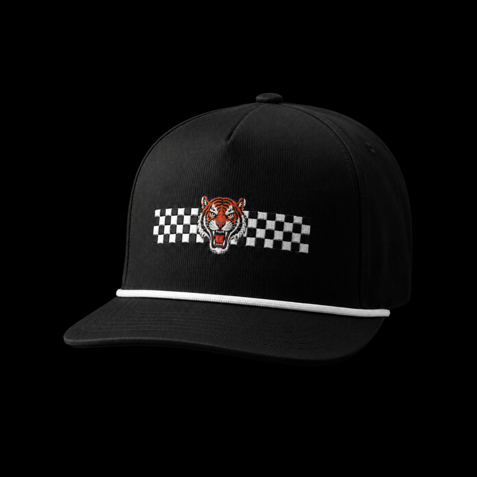 Black cap with a tiger logo and checkered flag on a black background