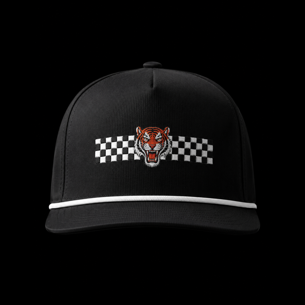 Black cap with a tiger and checkered flag design on a black background