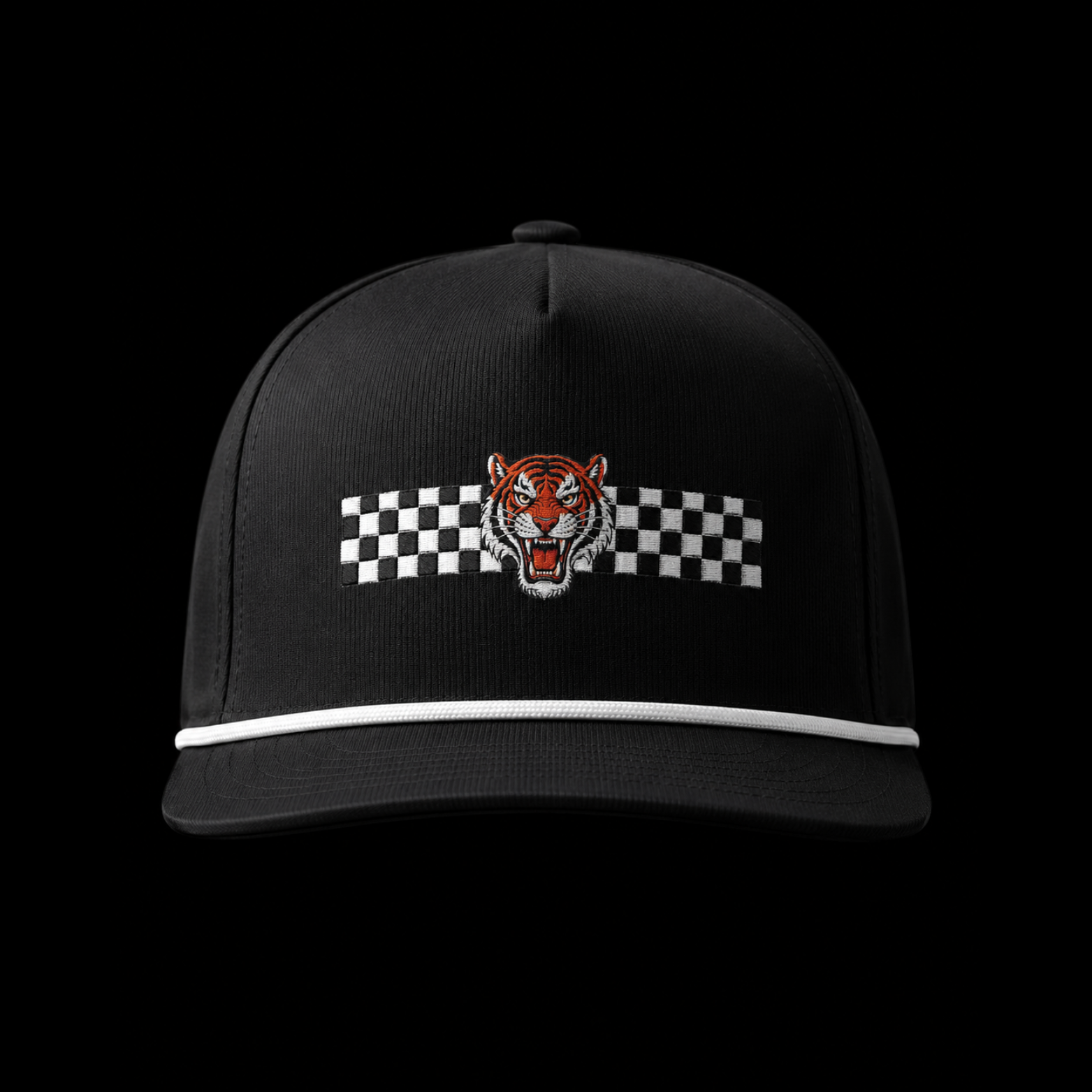 Black cap with a tiger and checkered flag design on a black background