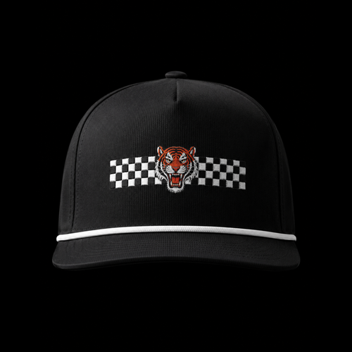 Black cap with a tiger and checkered flag design on a black background
