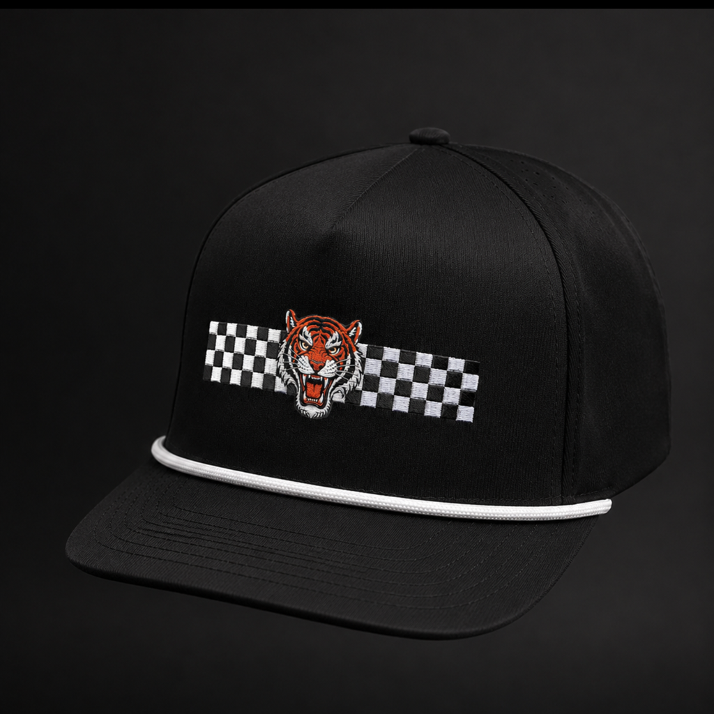 Golf Hat with a tiger and checkered flag design on a dark background
