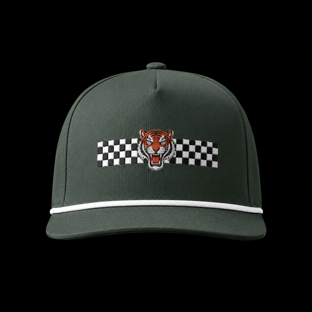 Green cap with a tiger and checkered flag design on a black background