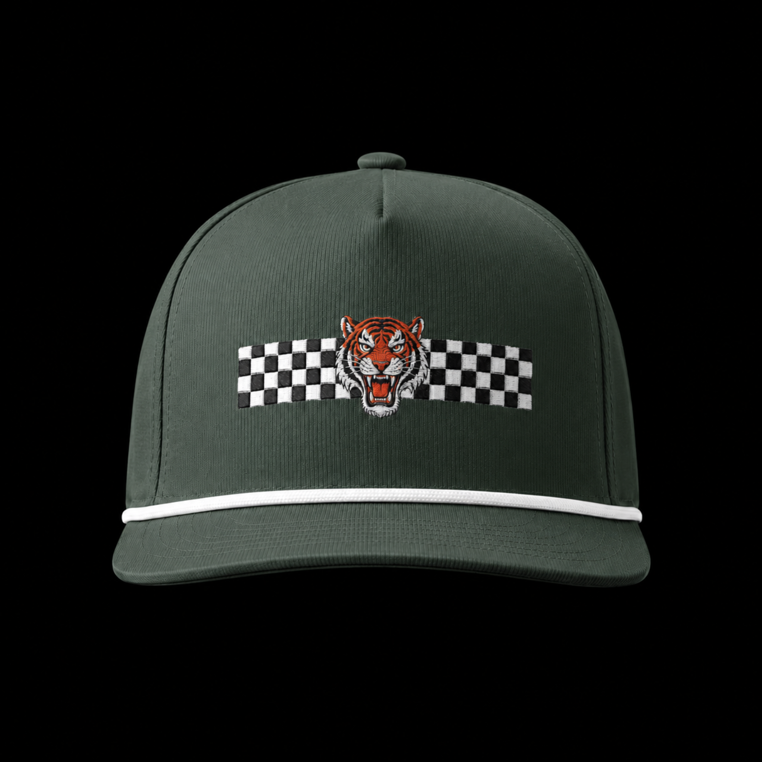 Green cap with a tiger and checkered flag design on a black background