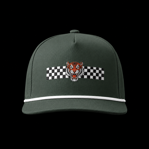 Green cap with a tiger and checkered flag design on a black background