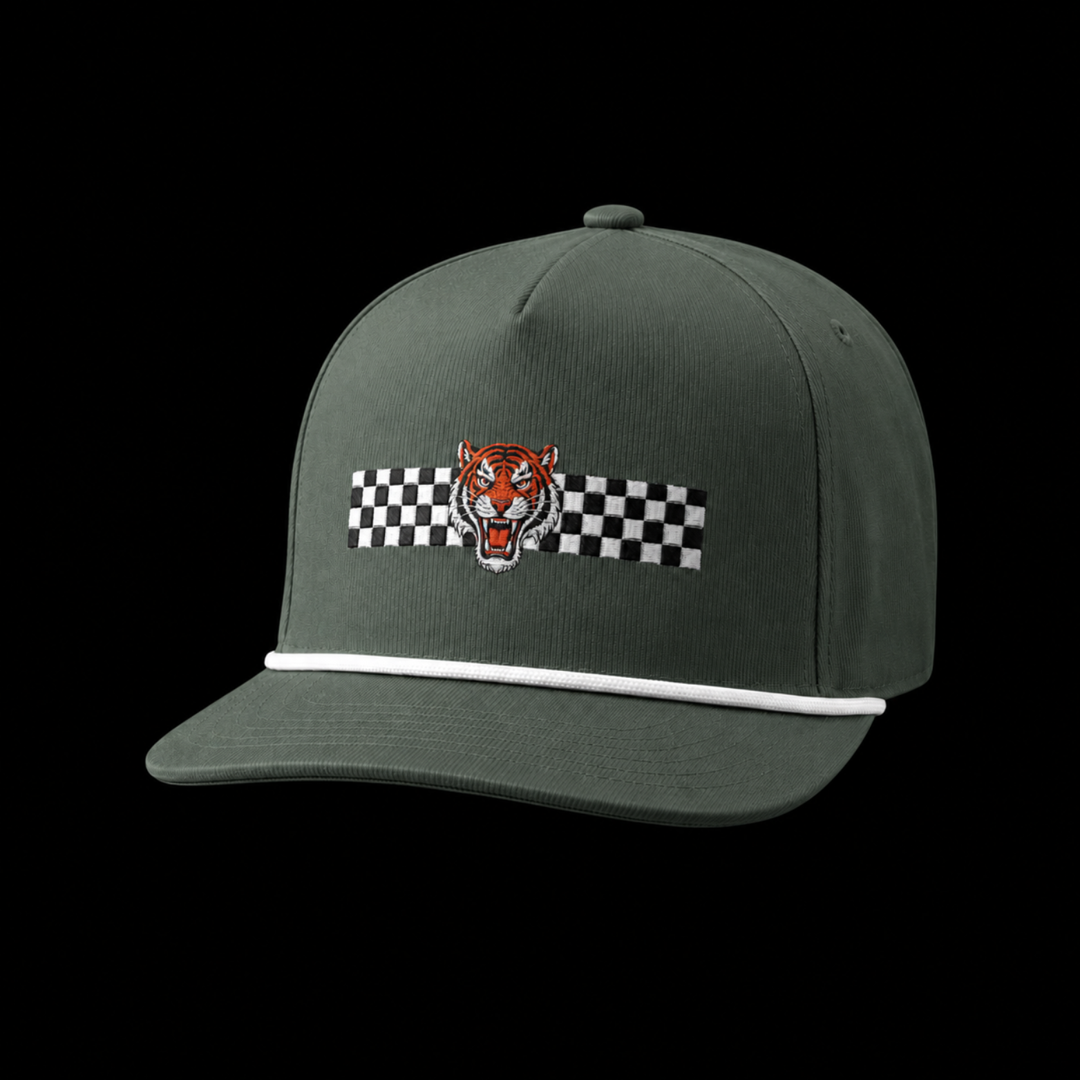 Green cap with a tiger and checkered flag design on a black background