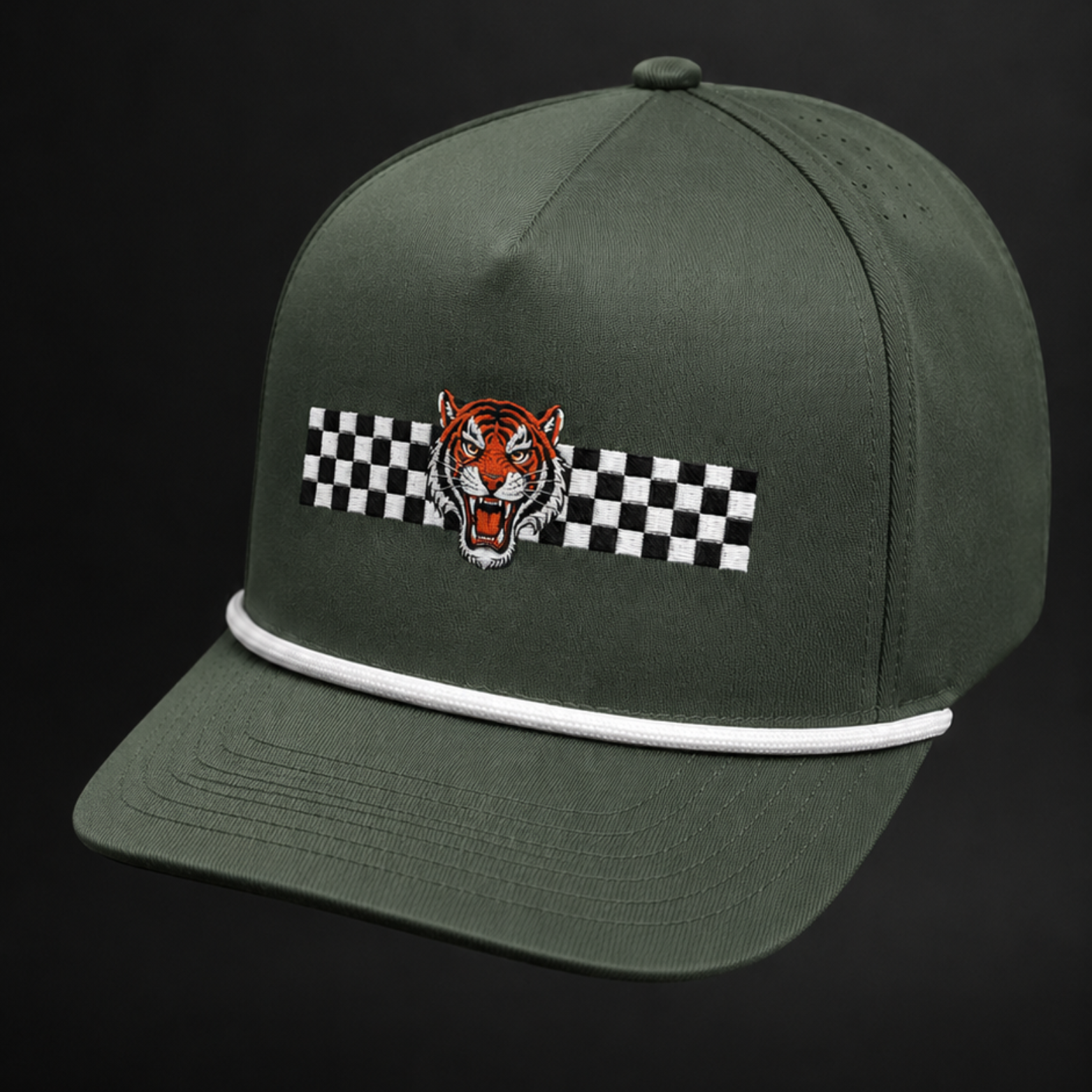 Green cap with a tiger logo and checkered flag on a black background
