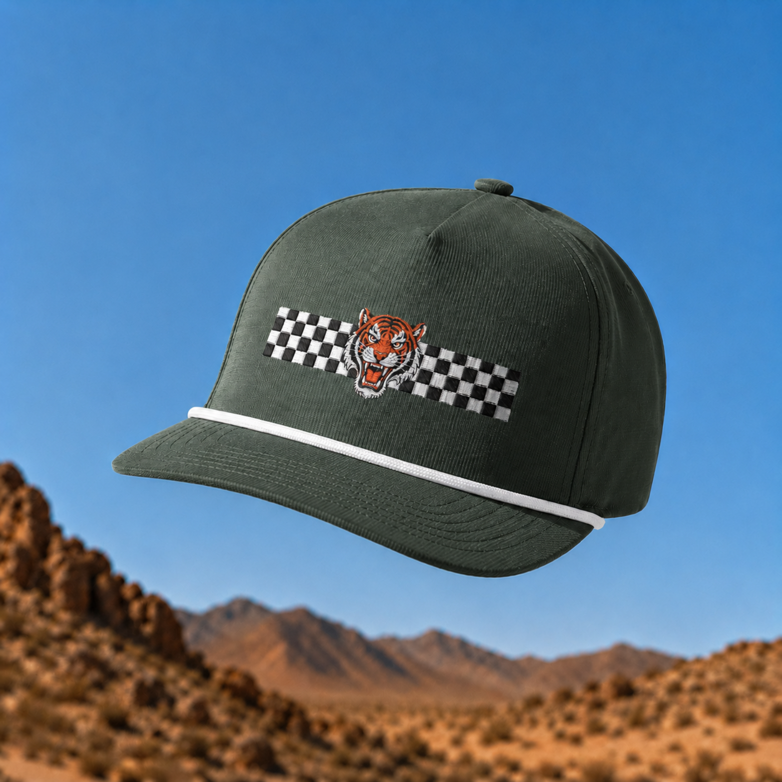 Green cap with tiger logo and checkered pattern against a desert landscape