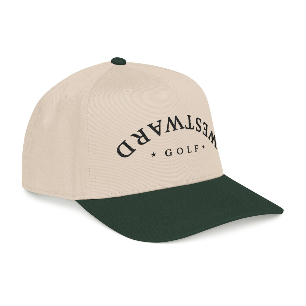 Beige and green cap with 'WestWard Golf' logo on a white background