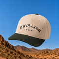 Beige and black cap with 'Westward Golf' text against a desert landscape