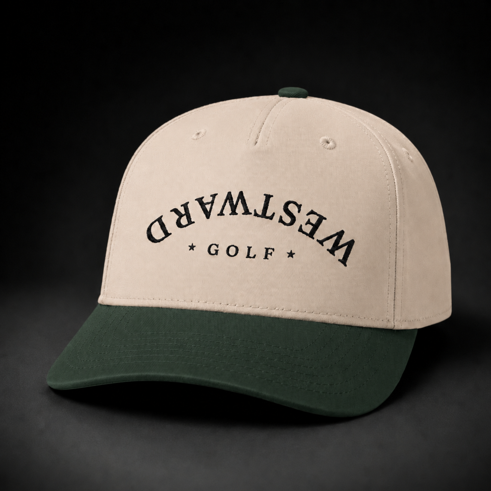 Beige and green cap with 'Westward Golf' text on a black background