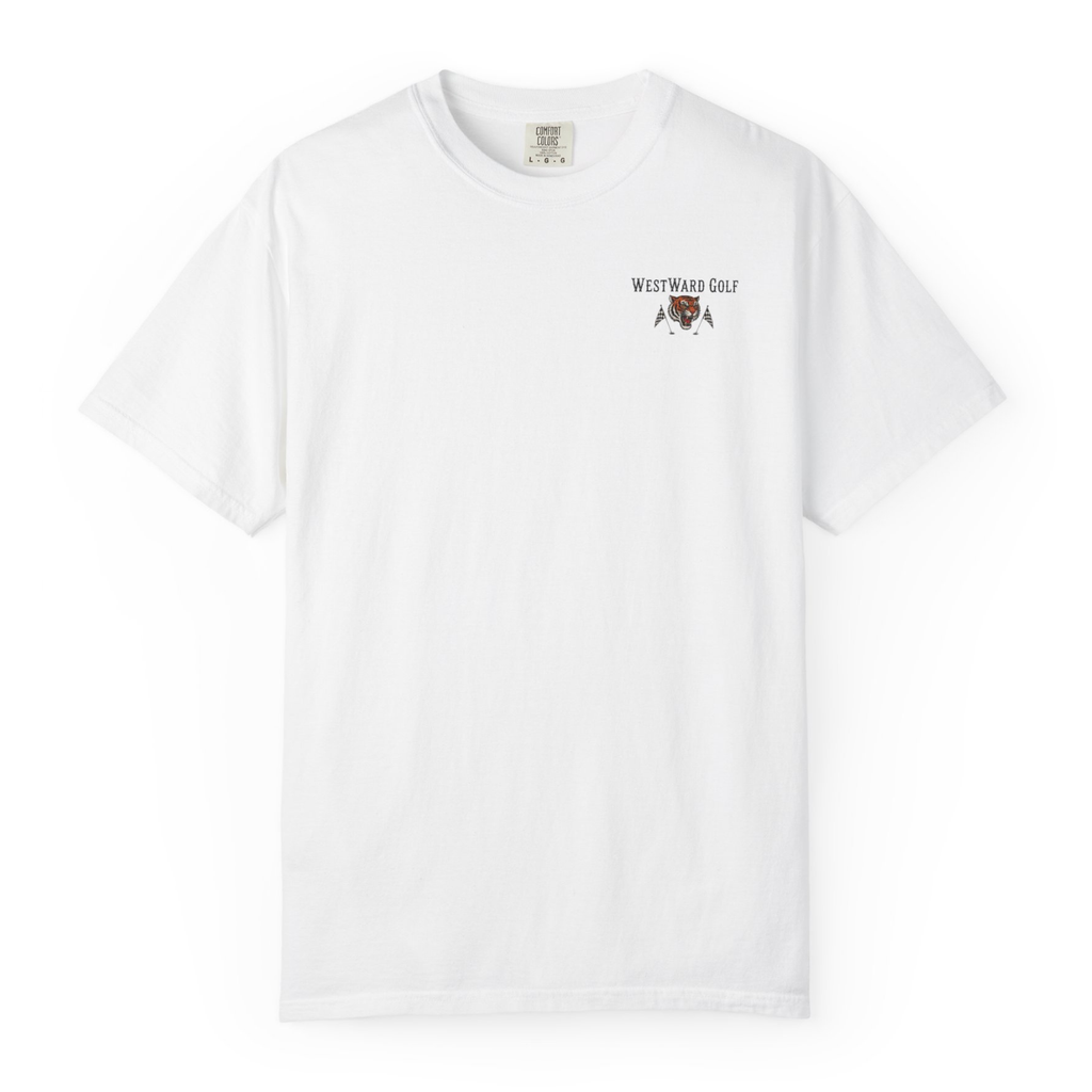 White Westward Golf Comfort Colors t-shirt with small chest logo featuring tiger head mascot, crossed golf clubs, golf flags, and vintage country club inspired golfer apparel design.
