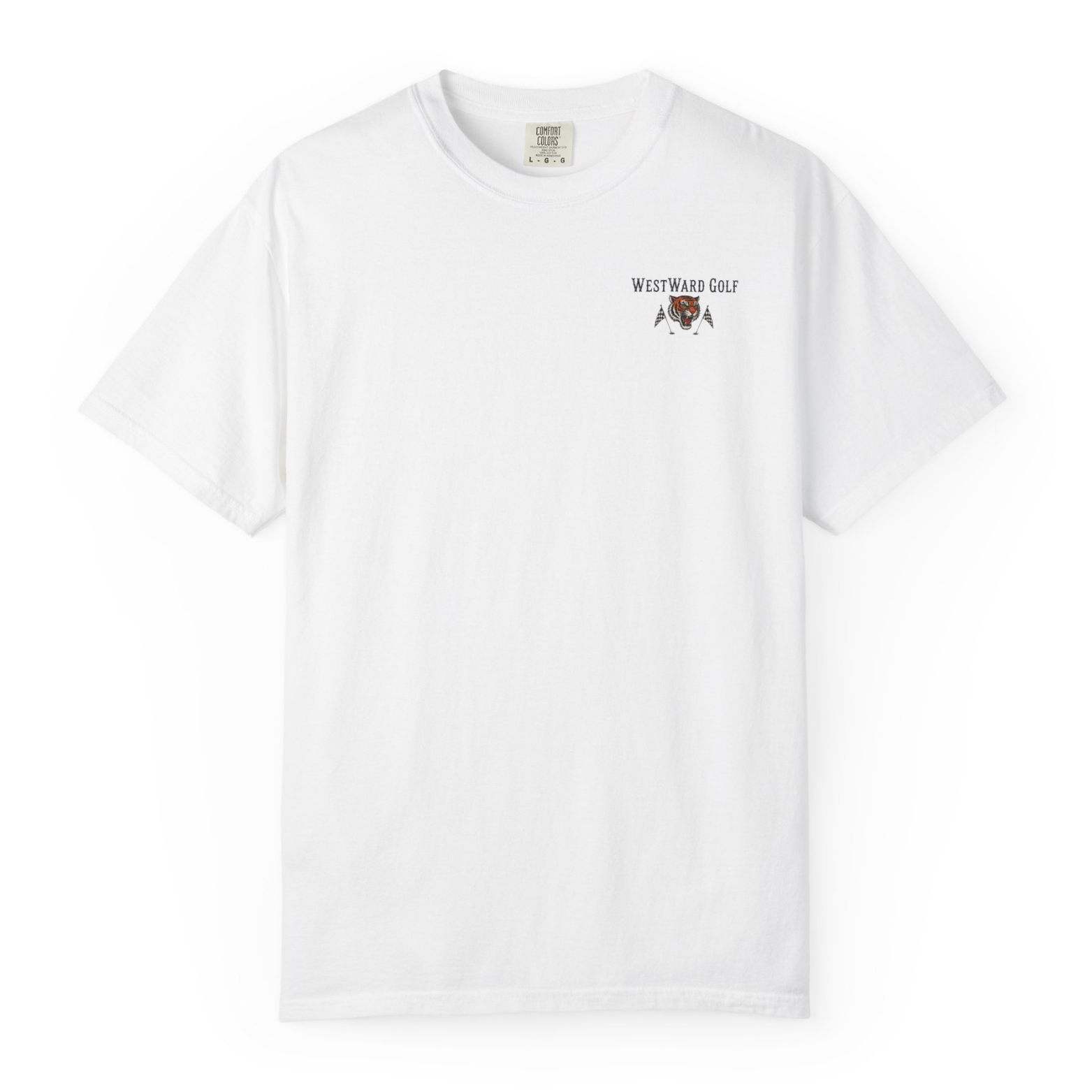 White Westward Golf Comfort Colors t-shirt with small chest logo featuring tiger head mascot, crossed golf clubs, golf flags, and vintage country club inspired golfer apparel design.