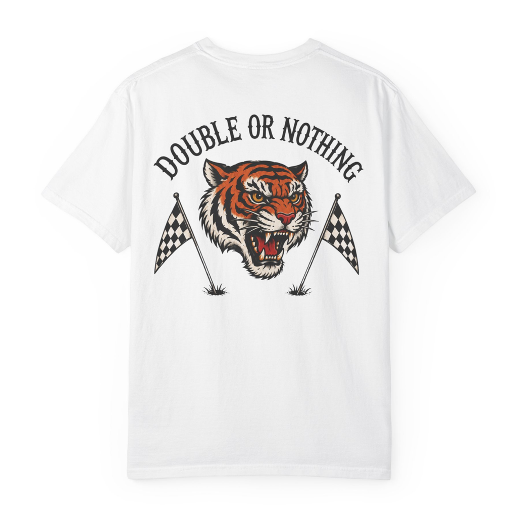 White Double or Nothing golf t-shirt shown from the back with oversized roaring tiger head graphic, arched black lettering, checkered golf flags, and vintage country club golf streetwear design.
