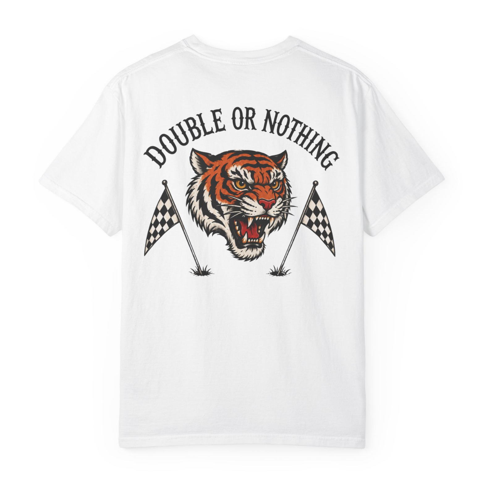 White Double or Nothing golf t-shirt shown from the back with oversized roaring tiger head graphic, arched black lettering, checkered golf flags, and vintage country club golf streetwear design.
