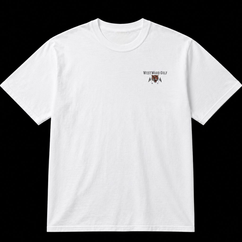 White Westward Golf golf t-shirt shown from the front with small left chest tiger mascot logo, crossed golf flags, minimalist branding, and vintage country club streetwear style.