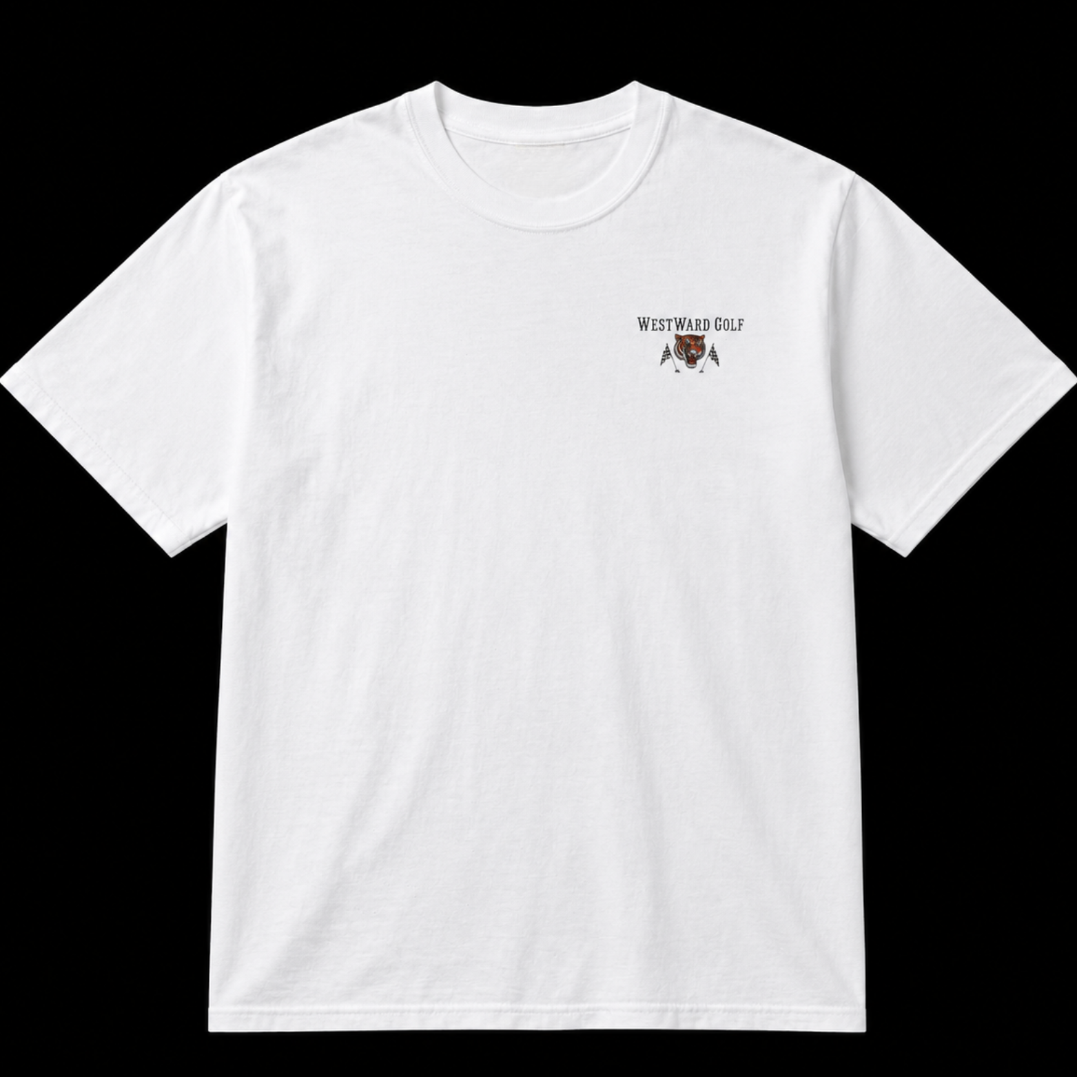 White Westward Golf golf t-shirt shown from the front with small left chest tiger mascot logo, crossed golf flags, minimalist branding, and vintage country club streetwear style.