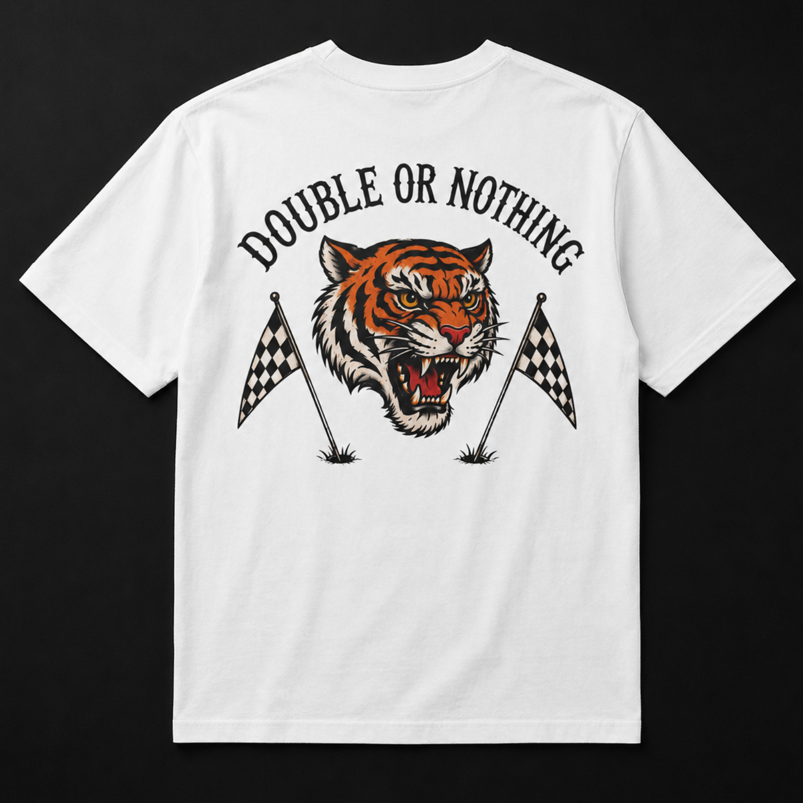 White Double or Nothing golf graphic t-shirt shown from the back with oversized roaring tiger head design, arched black lettering, checkered golf flags, and vintage country club streetwear style.