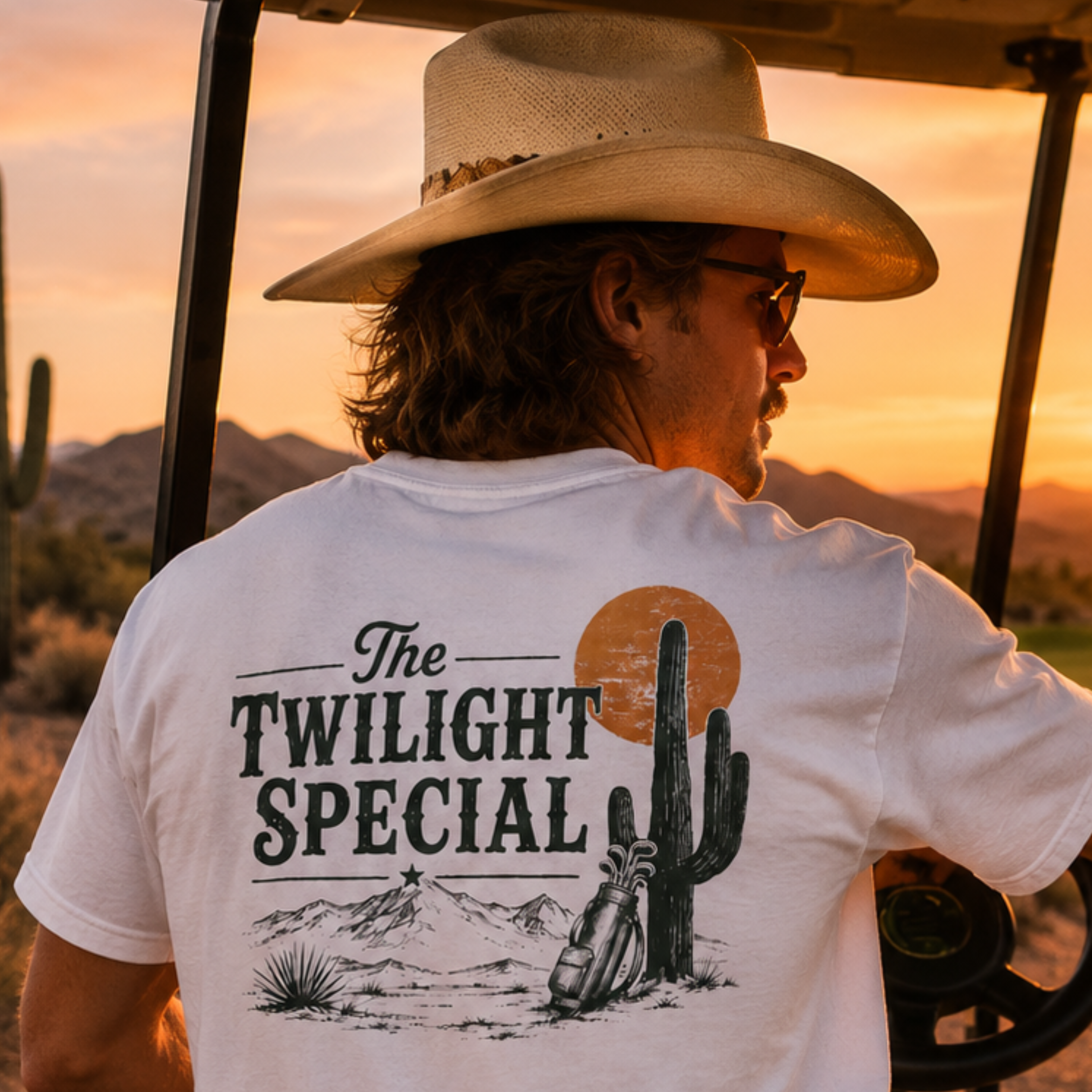 Male golfer wearing white Westward Golf “The Twilight Special” graphic T-shirt, showing vintage desert golf back print with cactus, orange sunset, mountains, and golf bag while riding in a golf cart at sunset.