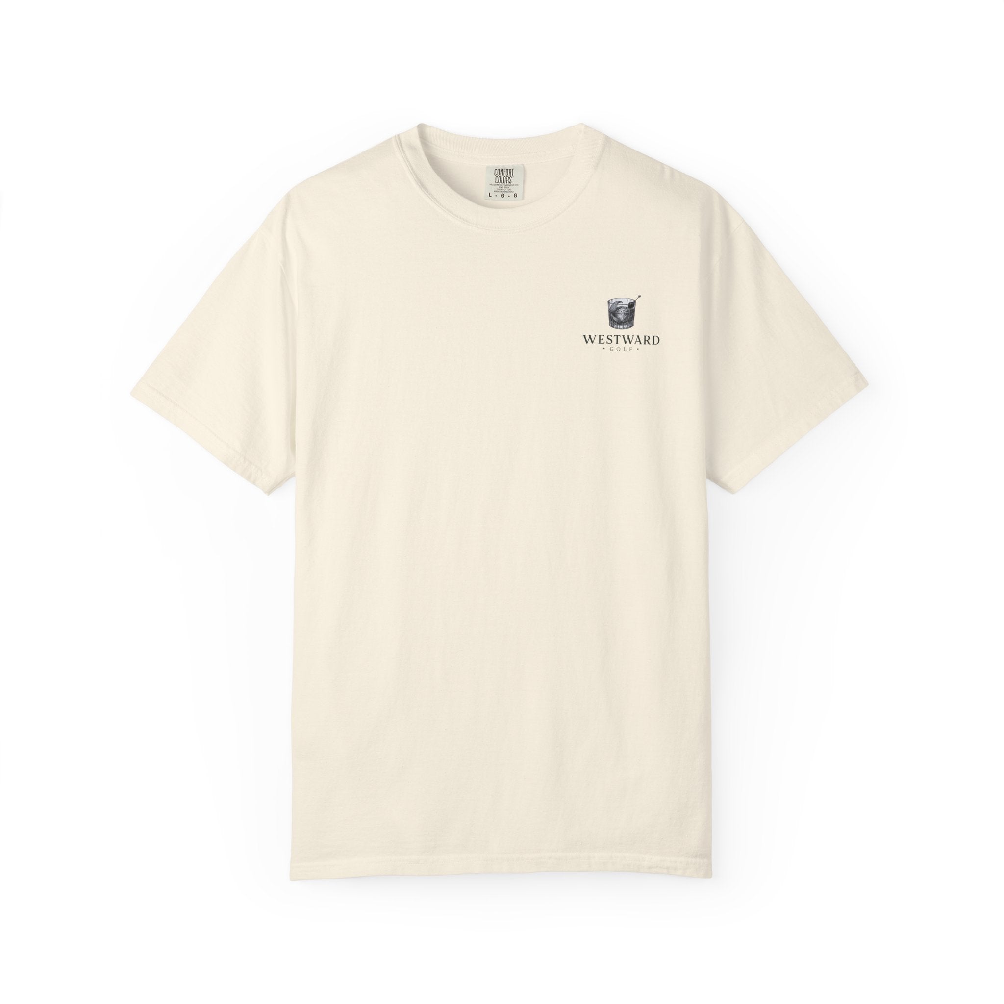 Ivory Westward Golf t-shirt shown front-facing on a clean white background, featuring a small left chest old fashioned cocktail glass logo above Westward Golf text.