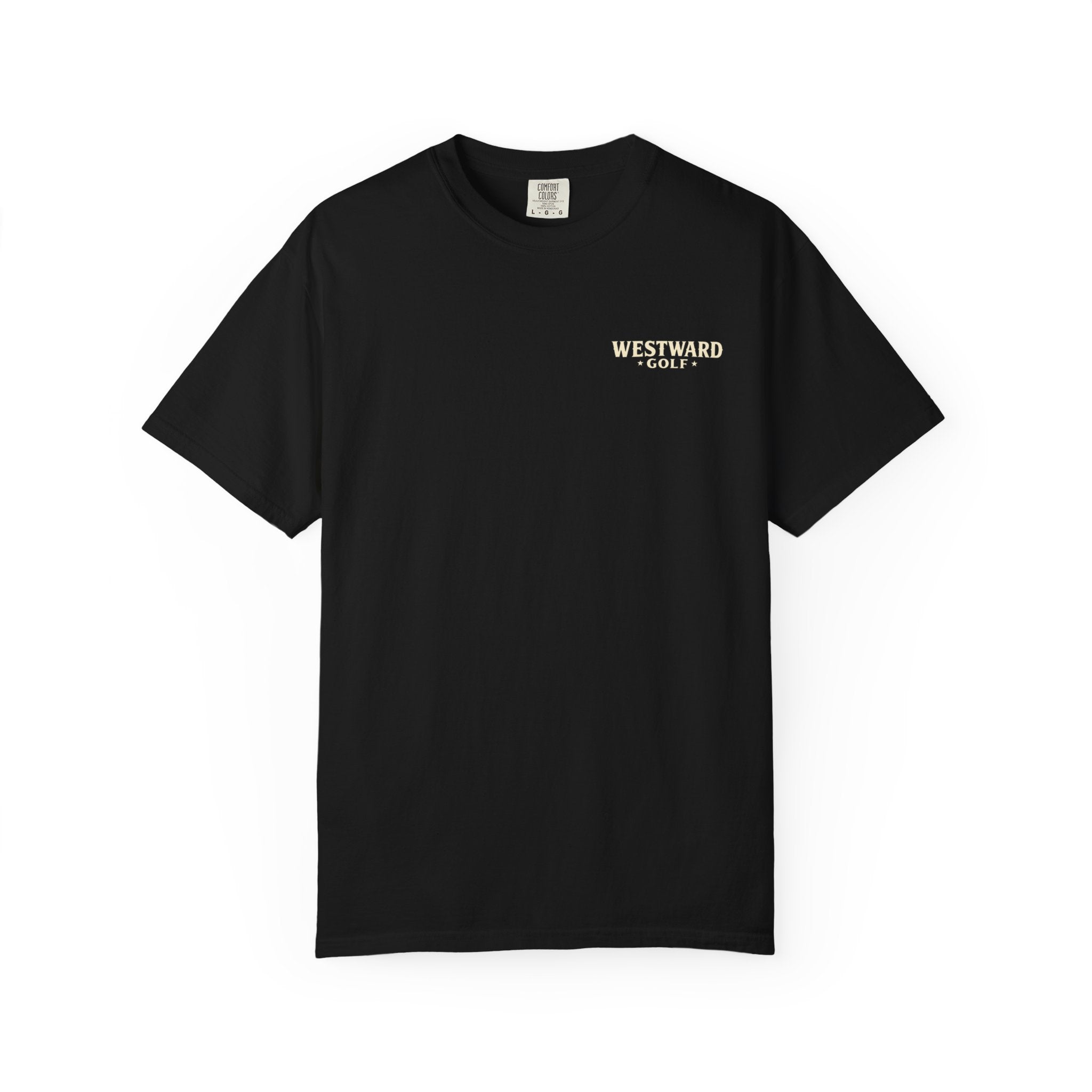 Black Westward Golf front logo t-shirt on white background with small cream chest print and Comfort Colors label