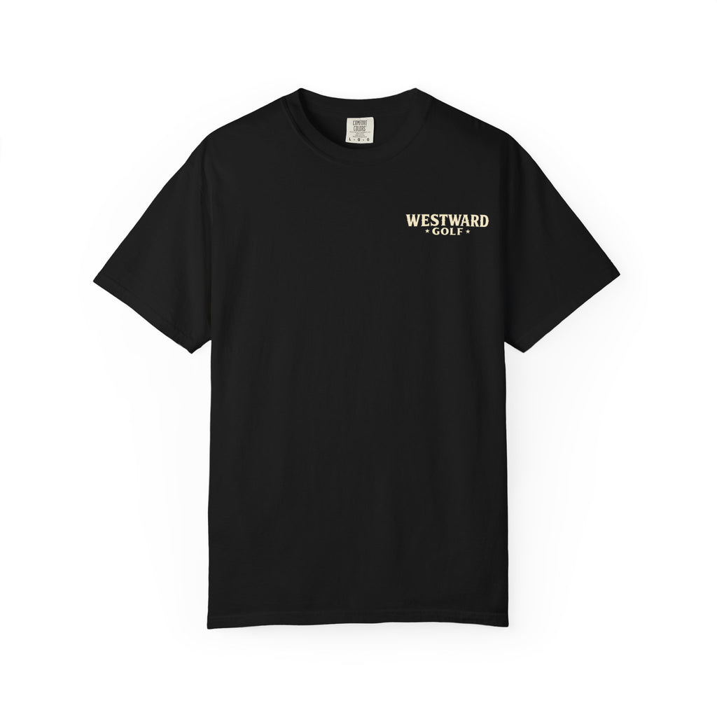 Black Westward Golf t-shirt with cream western chest logo, vintage inspired men’s golf apparel, casual black cotton golf lifestyle tee.
