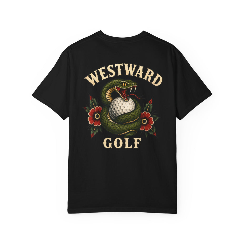 Black Westward Golf t-shirt with vintage snake and golf ball back graphic, western-style cream lettering, men’s casual golf apparel, and premium black cotton golf lifestyle tee.