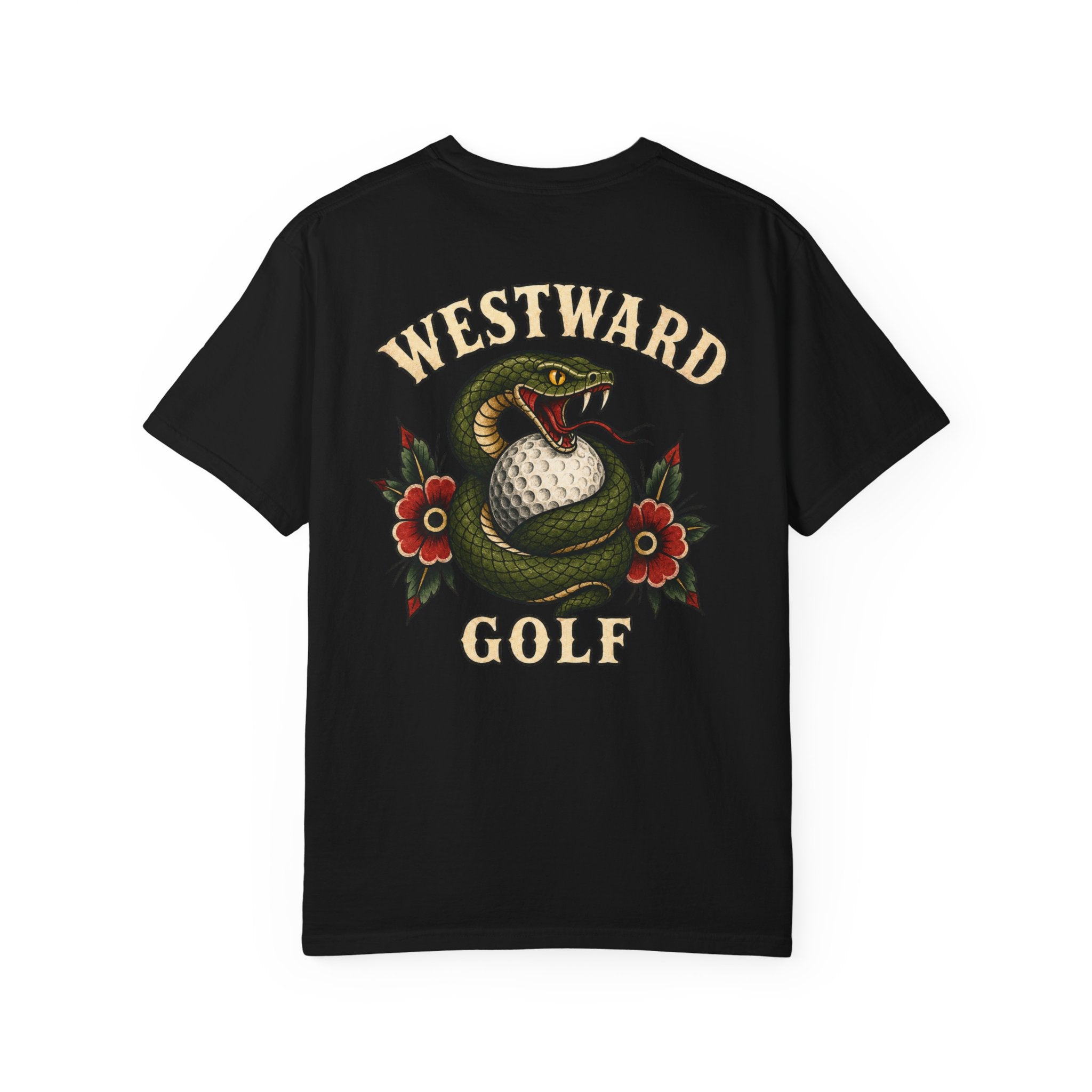 Black Westward Golf t-shirt with vintage snake and golf ball back graphic, western-style cream lettering, men’s casual golf apparel, and premium black cotton golf lifestyle tee.