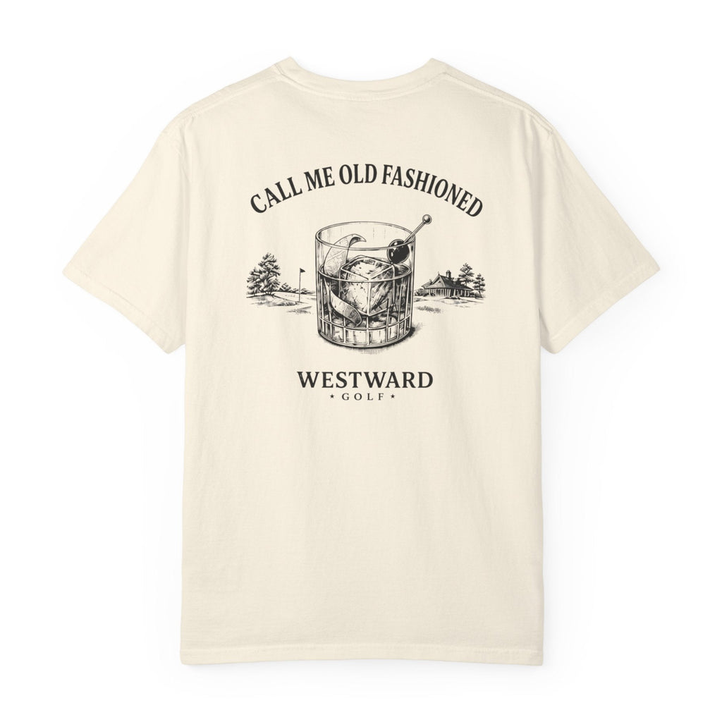 Ivory Westward Golf t-shirt shown from the back on a clean white background, featuring a “Call Me Old Fashioned” old fashioned cocktail glass graphic with golf course details and Westward Golf text.